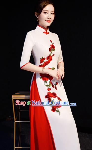 Chinese Spring Festival Gala Embroidered Red Peach Blossom Middle Sleeve Qipao Dress Traditional Compere Cheongsam Costume for Women