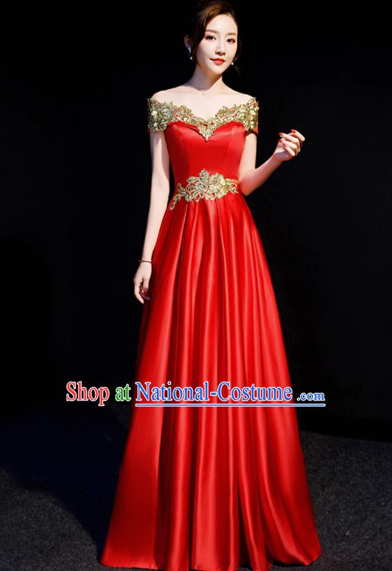 Top Compere Red Flat Shoulder Full Dress Evening Party Costume for Women