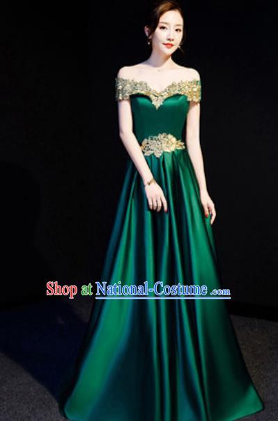 Top Compere Green Flat Shoulder Full Dress Evening Party Costume for Women