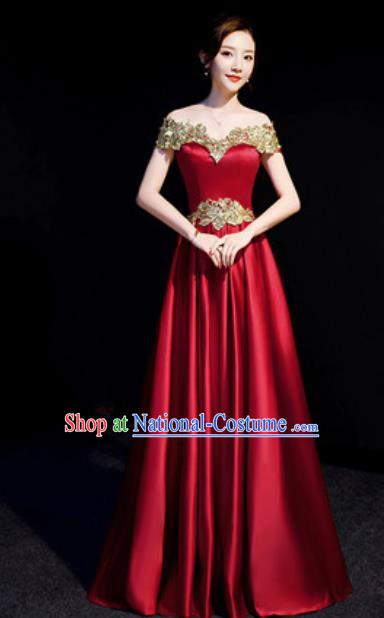 Top Compere Wine Red Flat Shoulder Full Dress Evening Party Costume for Women