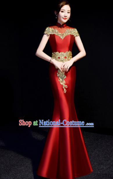 Chinese Traditional Bride Embroidered Wine Red Qipao Dress Spring Festival Gala Compere Cheongsam Costume for Women