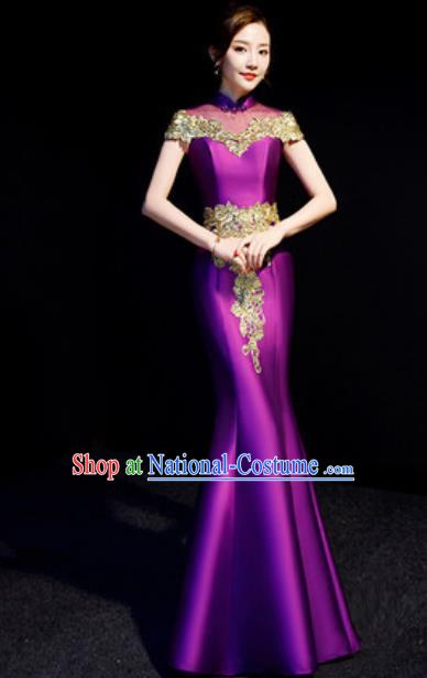 Chinese Traditional Bride Embroidered Purple Qipao Dress Spring Festival Gala Compere Cheongsam Costume for Women