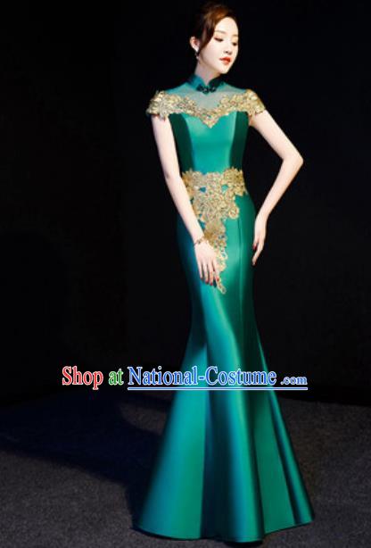 Chinese Traditional Bride Embroidered Green Qipao Dress Spring Festival Gala Compere Cheongsam Costume for Women