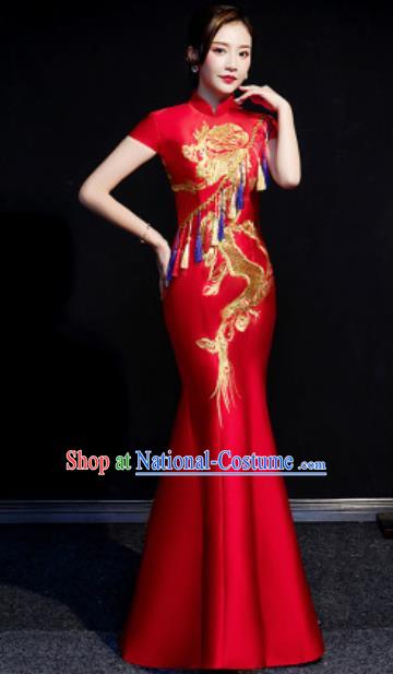 Chinese Compere National Embroidered Dragon Red Full Dress Traditional Cheongsam Costume for Women