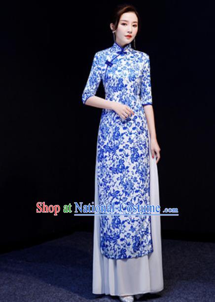 Chinese National Printing Blue Qipao Dress Traditional Compere Cheongsam Costume for Women