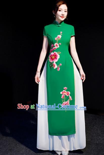 Chinese National Embroidered Peach Blossom Green Qipao Dress Traditional Compere Cheongsam Costume for Women