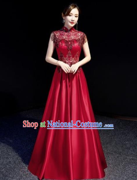 Chinese Compere Wine Red Full Dress Traditional National Cheongsam Chorus Costume for Women