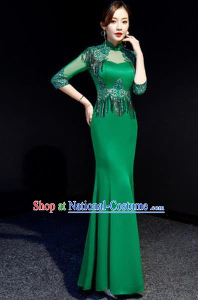 Chinese Compere Green Tassel Full Dress Traditional National Cheongsam Chorus Costume for Women