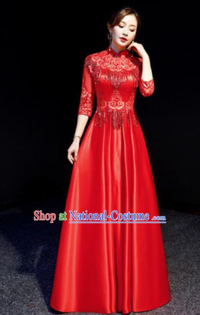 Chinese Chorus Red Tassel Full Dress Traditional National Compere Cheongsam Costume for Women