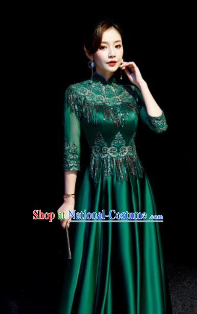 Chinese Chorus Atrovirens Tassel Full Dress Traditional National Compere Cheongsam Costume for Women