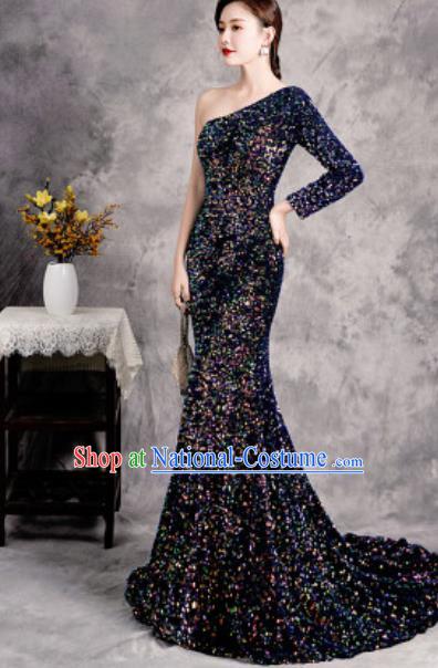 Top Compere Navy Single Shoulder Full Dress Evening Party Costume for Women