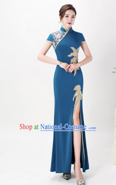 Chinese Chorus Peacock Blue Full Dress Traditional National Compere Cheongsam Costume for Women