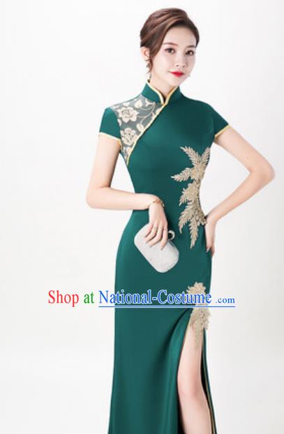 Chinese Chorus Atrovirens Full Dress Traditional National Compere Cheongsam Costume for Women