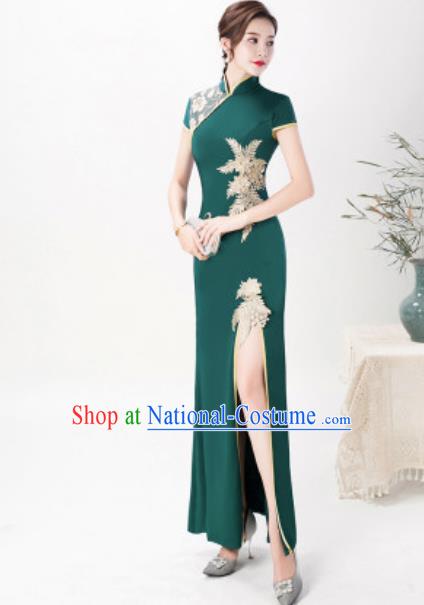 Chinese Chorus Atrovirens Full Dress Traditional National Compere Cheongsam Costume for Women