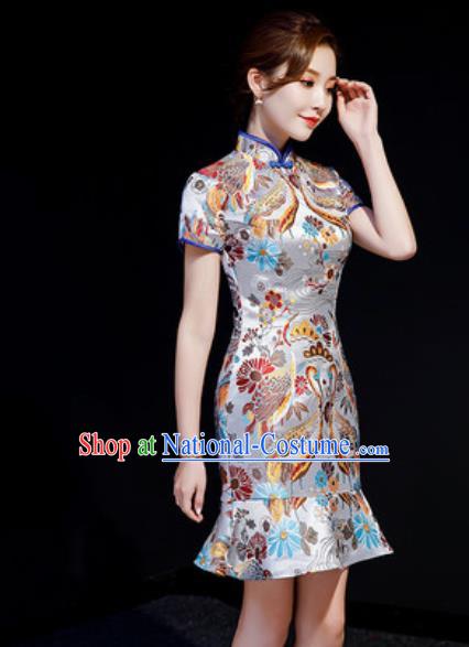 Chinese Chorus Grey Brocade Short Qipao Dress Traditional National Compere Cheongsam Costume for Women