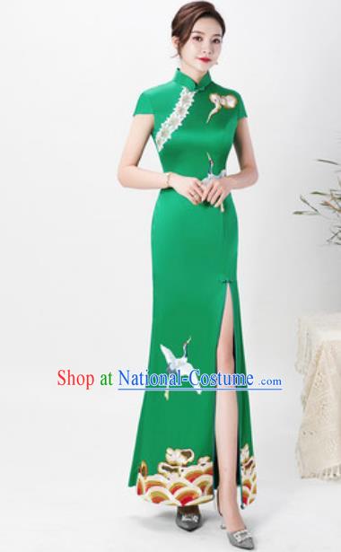 Chinese Chorus Green Full Dress Traditional National Compere Cheongsam Costume for Women