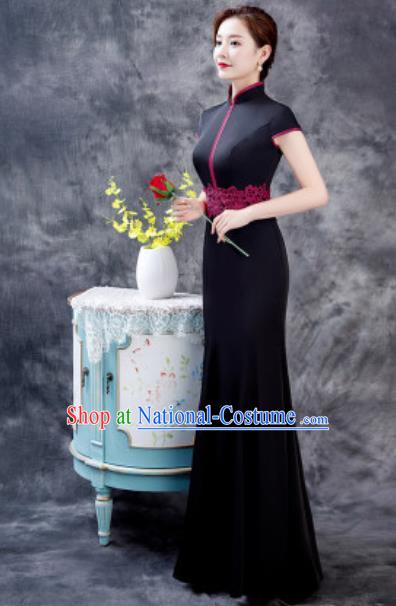 Chinese Chorus Black Full Dress Traditional National Compere Cheongsam Costume for Women