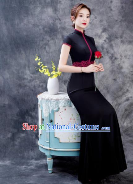 Chinese Chorus Black Full Dress Traditional National Compere Cheongsam Costume for Women