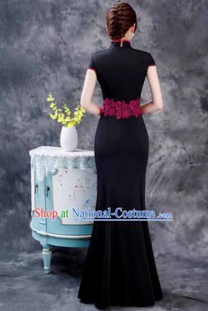 Chinese Chorus Black Full Dress Traditional National Compere Cheongsam Costume for Women