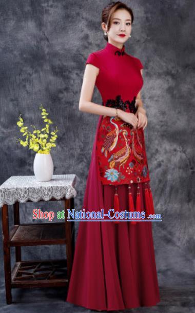 Chinese Chorus Printing Wine Red Chiffon Full Dress Traditional National Compere Cheongsam Costume for Women