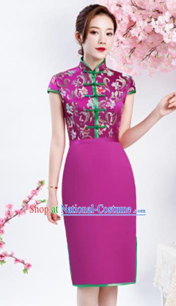 Chinese Chorus Purple Short Qipao Dress Traditional National Compere Cheongsam Costume for Women