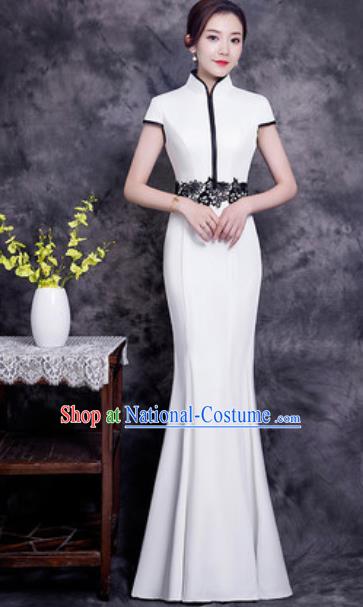 Chinese Chorus White Long Qipao Dress Traditional National Compere Cheongsam Costume for Women