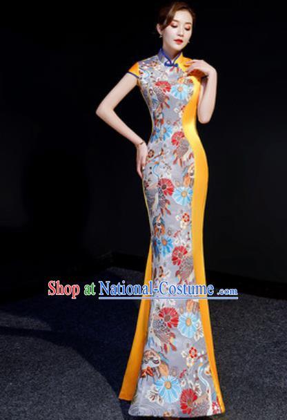 Chinese Chorus Golden Mermaid Qipao Dress Traditional National Compere Cheongsam Costume for Women