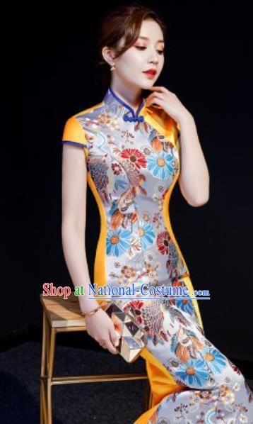 Chinese Chorus Golden Mermaid Qipao Dress Traditional National Compere Cheongsam Costume for Women