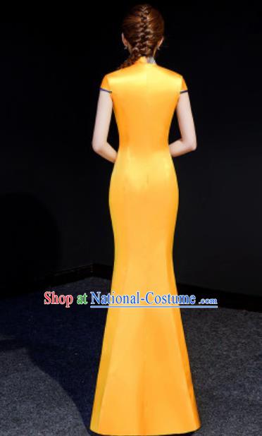 Chinese Chorus Golden Mermaid Qipao Dress Traditional National Compere Cheongsam Costume for Women