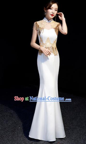 Chinese National Golden Tassel Qipao Dress Traditional Compere Cheongsam Costume for Women