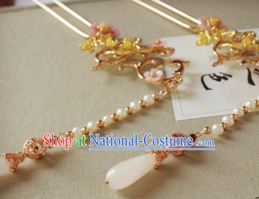 Chinese Traditional Hanfu Tassel Golden Hairpins Ancient Princess Hair Accessories for Women