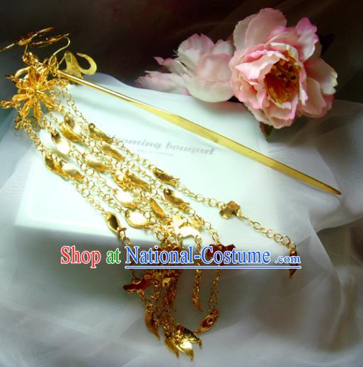 Chinese Traditional Hanfu Golden Tassel Hairpins Ancient Princess Hair Accessories for Women