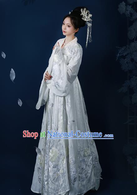 Chinese Tang Dynasty Royal Princess White Embroidered Dress Traditional Ancient Imperial Consort Costumes for Women