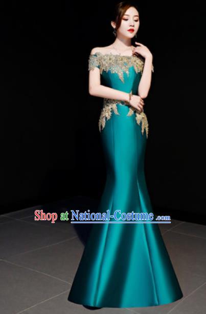 Top Compere Catwalks Embroidered Green Full Dress Evening Party Costume for Women