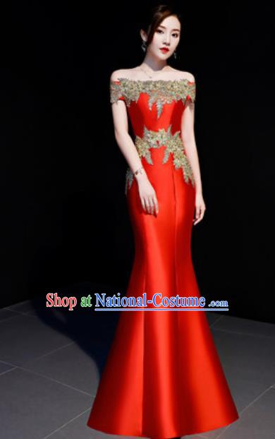 Top Compere Catwalks Embroidered Red Full Dress Evening Party Costume for Women