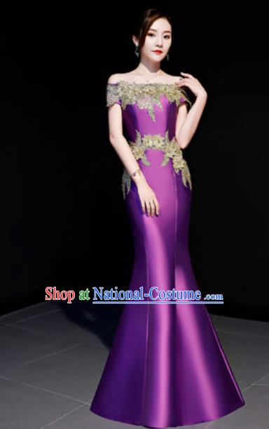 Top Compere Catwalks Embroidered Purple Full Dress Evening Party Costume for Women