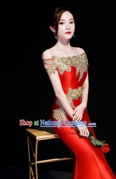 Top Compere Catwalks Embroidered Red Full Dress Evening Party Costume for Women