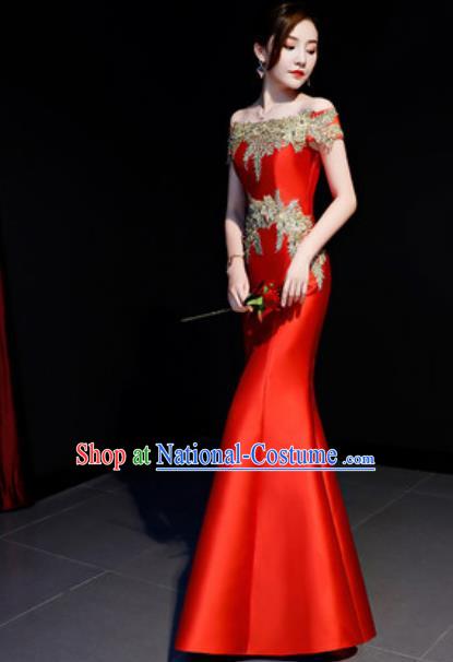 Top Compere Catwalks Embroidered Red Full Dress Evening Party Costume for Women