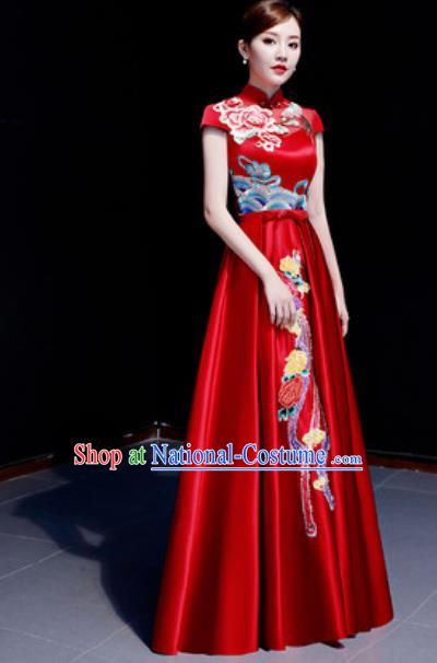 Chinese Traditional Chorus Embroidered Phoenix Peony Red Dress Compere Cheongsam Costume for Women