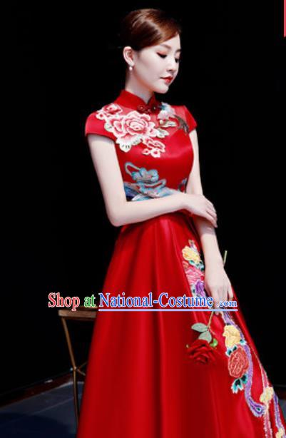 Chinese Traditional Chorus Embroidered Phoenix Peony Red Dress Compere Cheongsam Costume for Women