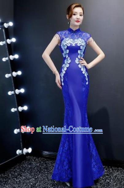 Chinese Traditional Chorus Embroidered Royalblue Lace Dress Compere Cheongsam Costume for Women