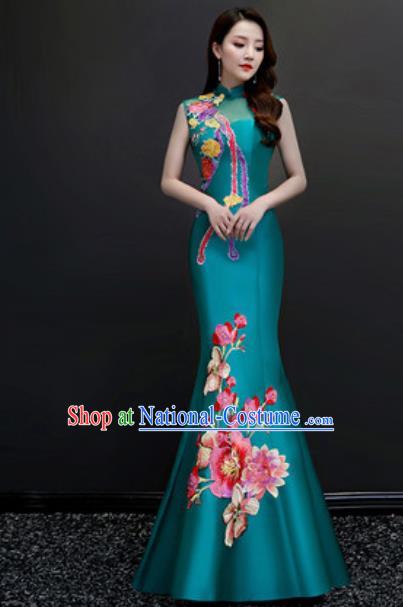 Chinese Traditional Chorus Embroidered Peacock Green Full Dress Compere Cheongsam Costume for Women