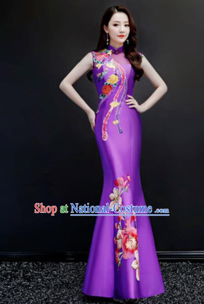 Chinese Traditional Chorus Embroidered Purple Full Dress Compere Cheongsam Costume for Women