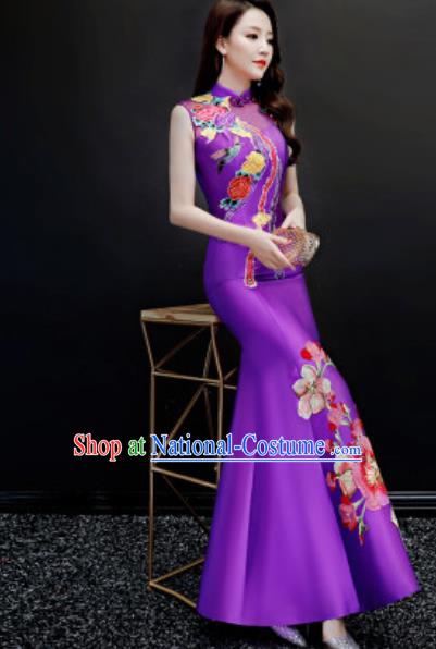 Chinese Traditional Chorus Embroidered Purple Full Dress Compere Cheongsam Costume for Women