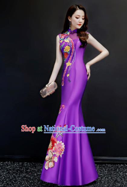 Chinese Traditional Chorus Embroidered Purple Full Dress Compere Cheongsam Costume for Women