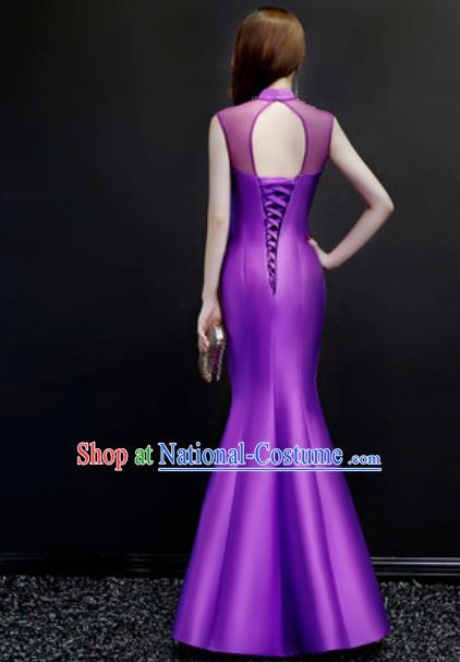 Chinese Traditional Chorus Embroidered Purple Full Dress Compere Cheongsam Costume for Women