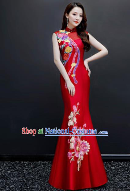 Chinese Traditional Chorus Embroidered Red Full Dress Compere Cheongsam Costume for Women