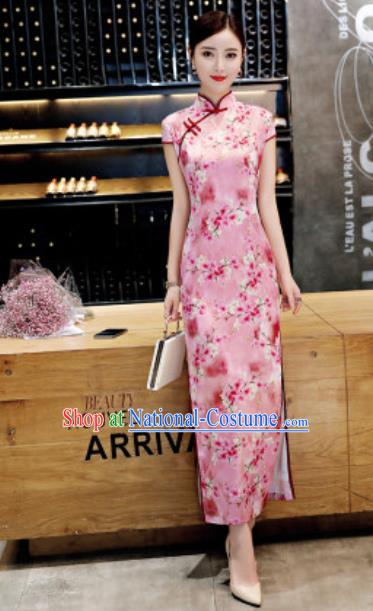 Chinese Traditional Printing Peach Blossom Pink Qipao Dress Compere Cheongsam Costume for Women