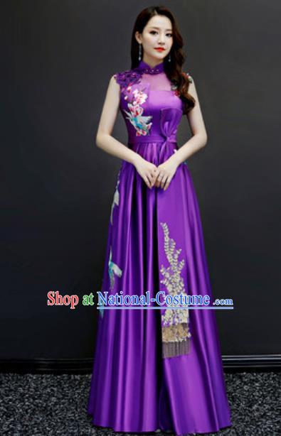 Chinese Traditional Embroidered Purple Dress Compere Cheongsam Costume for Women