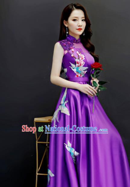 Chinese Traditional Embroidered Purple Dress Compere Cheongsam Costume for Women